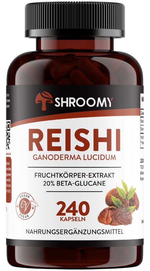 Braune Flasche mit schwarzen Deckel. Aufschrift: SHROOMY REISHI, 240 Kapseln, Vegan-Siegel. Abbildung von Pilzen.