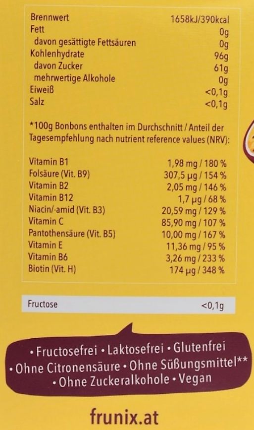 Nährwerttabelle auf gelbem Hintergrund. Angaben zu Brennwert, Fett, Kohlenhydrate, Zucker, mehrwertige Alkohole, Eiweiß und Salz.