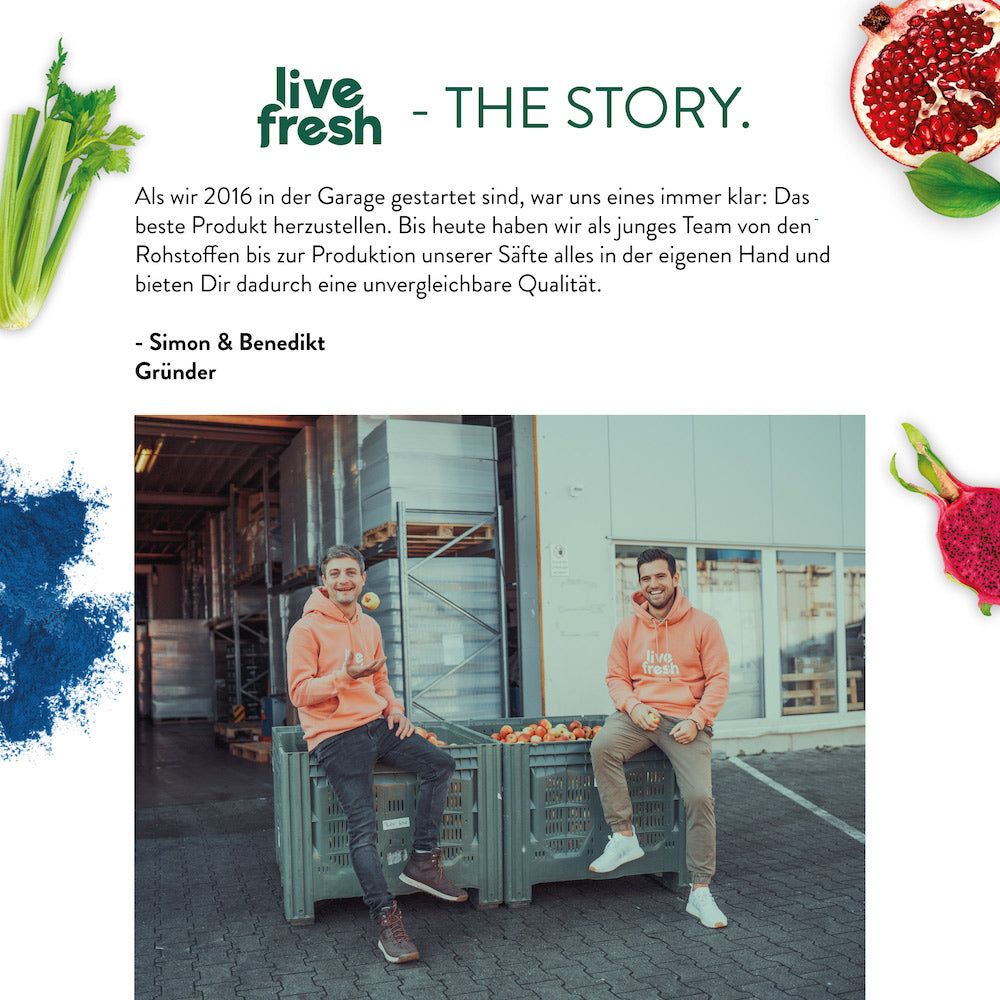 Zwei Männer sitzen auf Kisten. Text: LiveFresh - THE STORY. Text und Abbildungen von Obst und Gemüse.