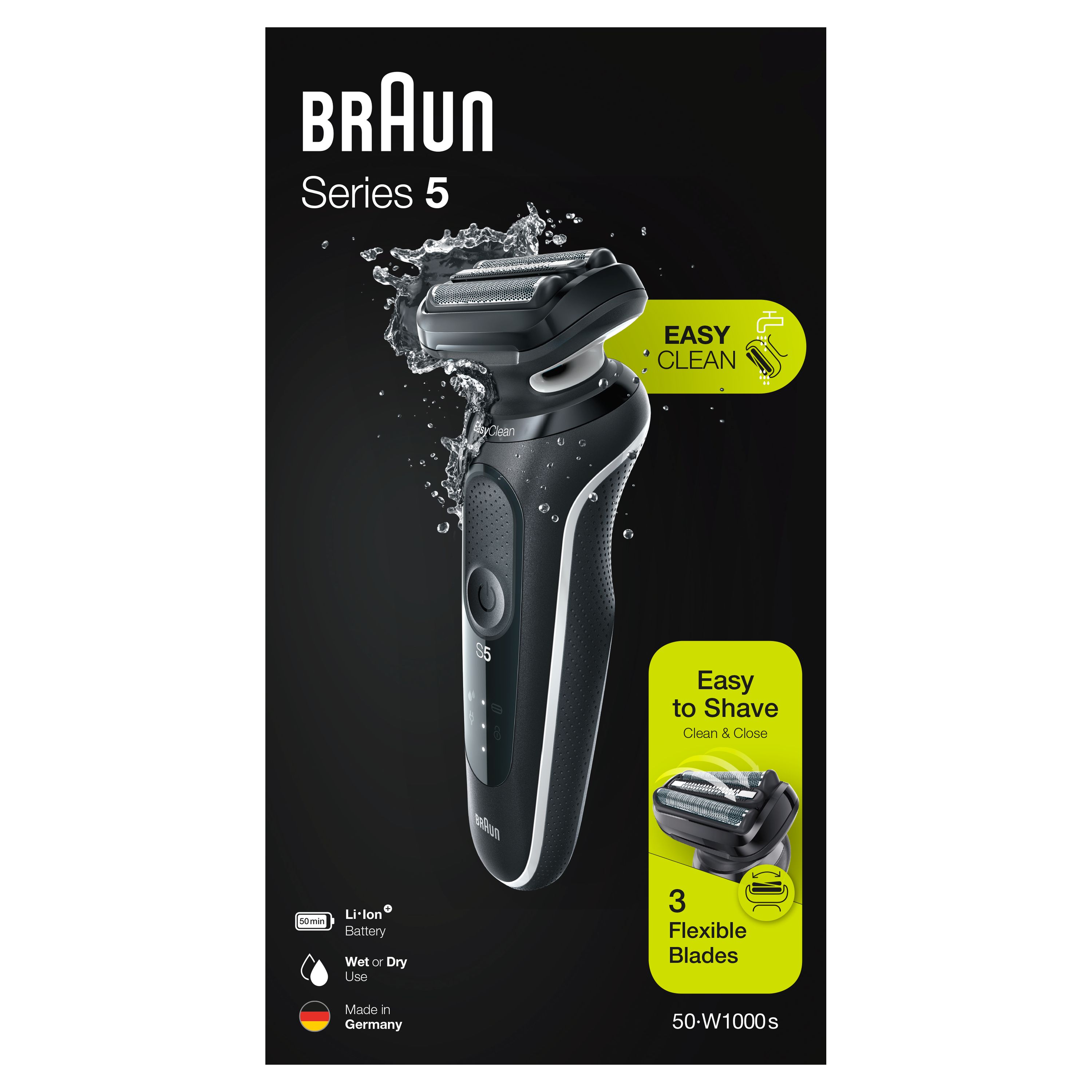 Braun Series 5 Rasierer in schwarzer Verpackung. Produktabbildung mit Wasser. Text: Easy Clean, Easy to Shave, 3 Flexible Blades.
