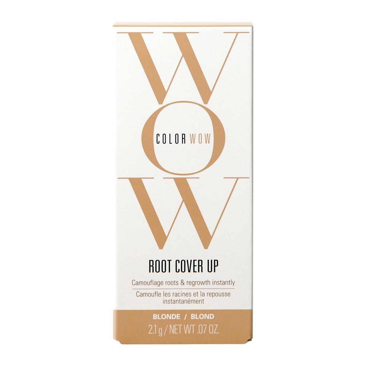 Color Wow Root Cover Up, Blond. Weiße Verpackung mit Markenlogo und Produktbezeichnung. Enthält 2,1g. Text in Englisch und Französisch.
