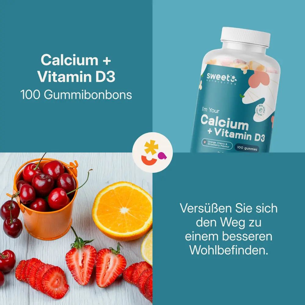 Flasche Sweet Nutribites Calcium + Vitamin D3. Aufschrift: Calcium + Vitamin D3, 100 Gummibonbons. Daneben Obst: Kirschen, Orange, Erdbeeren.