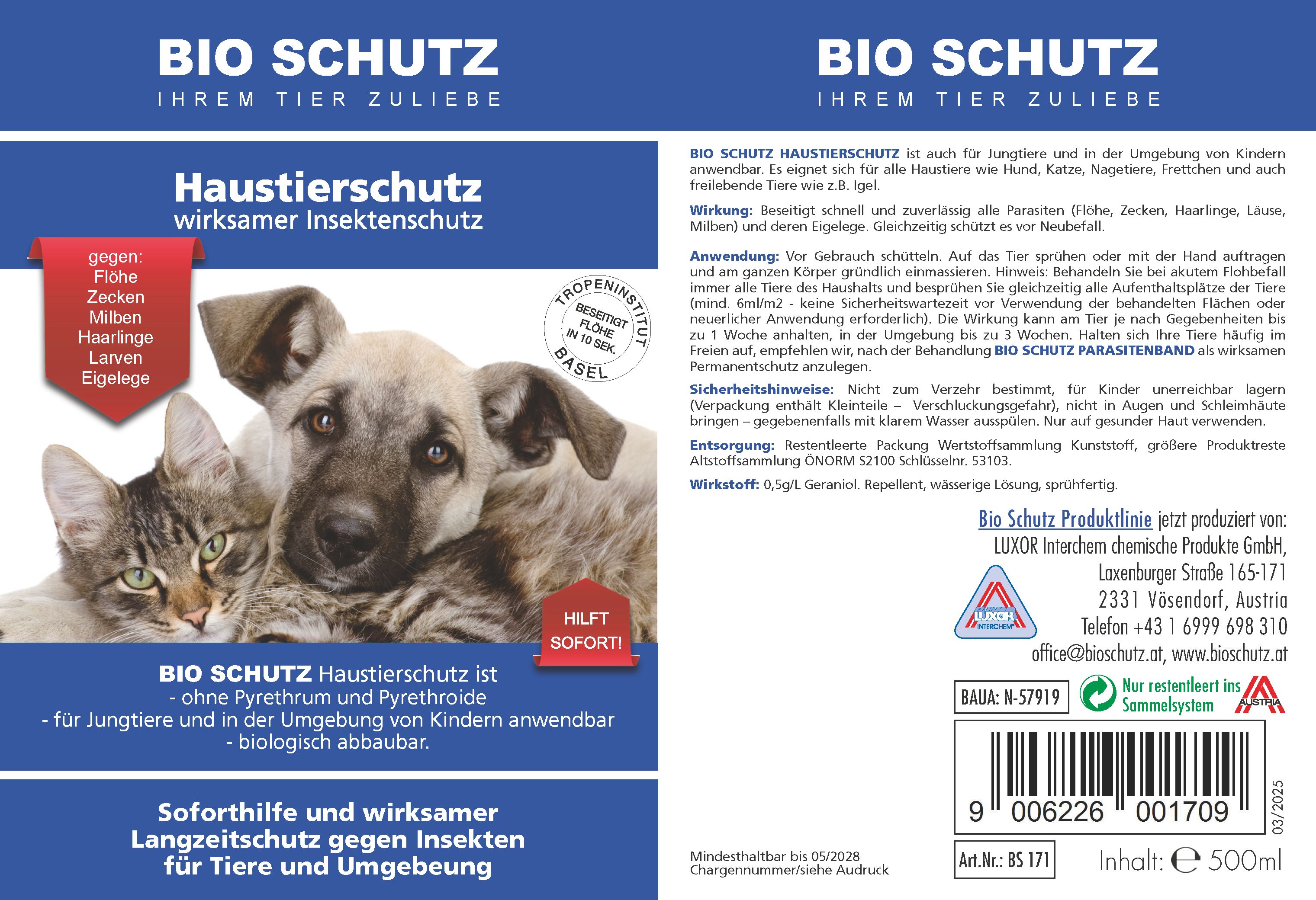 Etikett mit Aufschrift BIO SCHUTZ, Haustierschutz. Abbildung von Hund und Katze. Text: wirksamer Insektenschutz. Zusätzlicher Text und Logos.