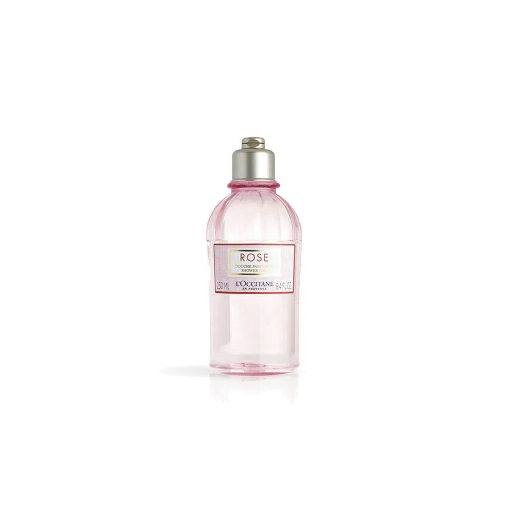 Rosa Duschgel-Flasche. Transparentes, rosafarbenes Gel. Etikett mit "Rose" und "L'Occitane". Silberner Deckel.
