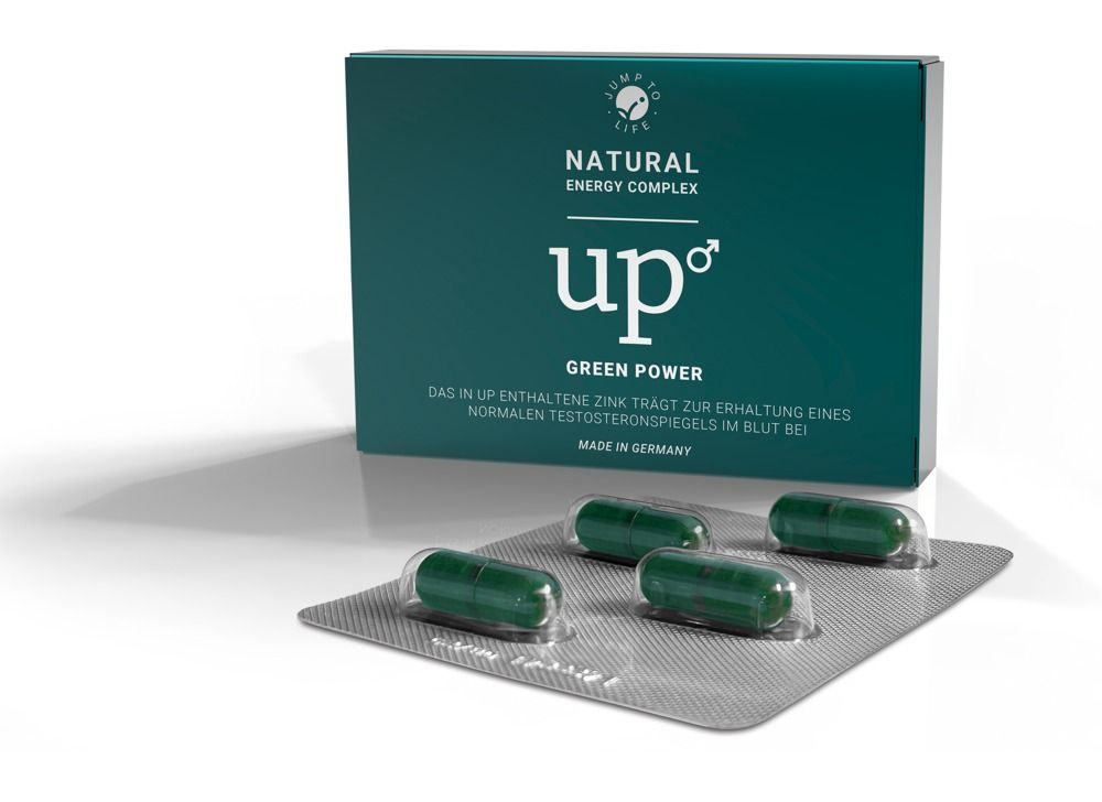 Grüne Kapseln in Blisterpackung mit "up" Kartonverpackung. "Natural Energy Complex", "Green Power".