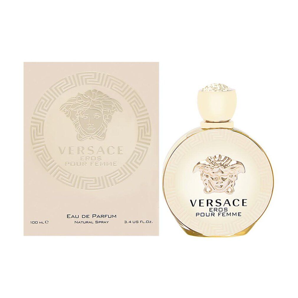 Rosa Flakon und Verpackung. Aufschrift: VERSACE EROS POUR FEMME. Eau de Parfum, Natural Spray.
