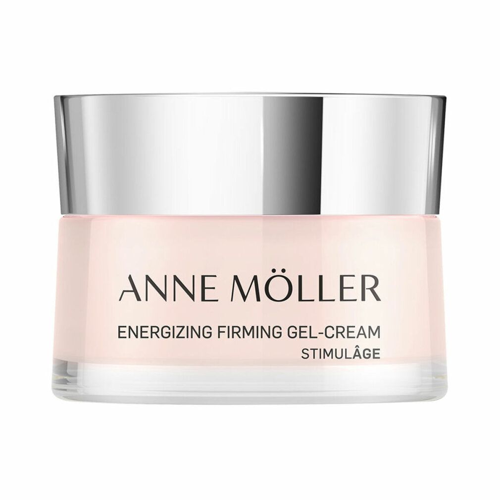 Creme-Glas mit silbernem Deckel. Aufschrift: ANNE MÖLLER, Energizing Firming Gel-Cream, Stimulâge. Rosa Creme sichtbar.