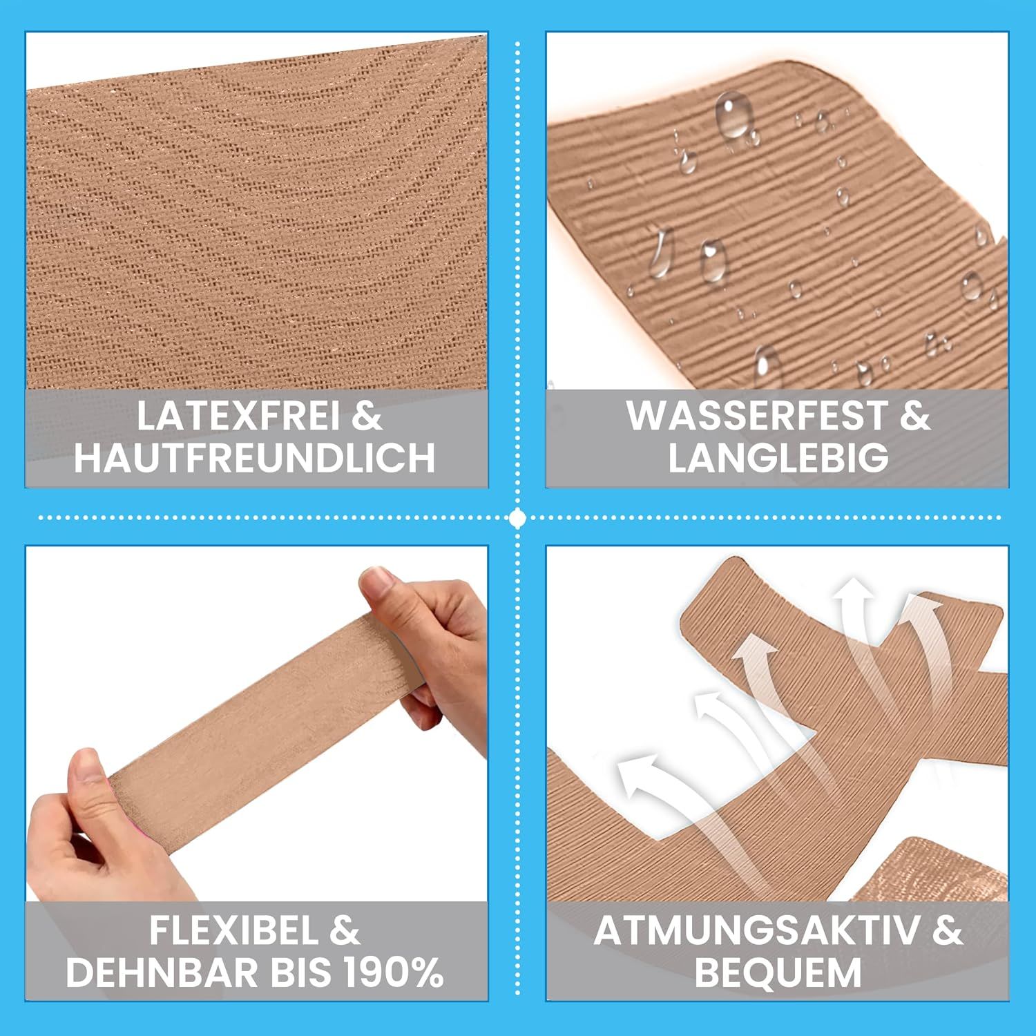 Eigenschaften von Hallux Valgus Kinesio-Tapes: Latexfrei, wasserfest, dehnbar bis 190%, atmungsaktiv.