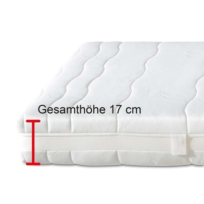 Weiße Matratze mit wellenförmiger Steppung. Gesamthöhe 17 cm. Seitlich Stoffband und Etikett.