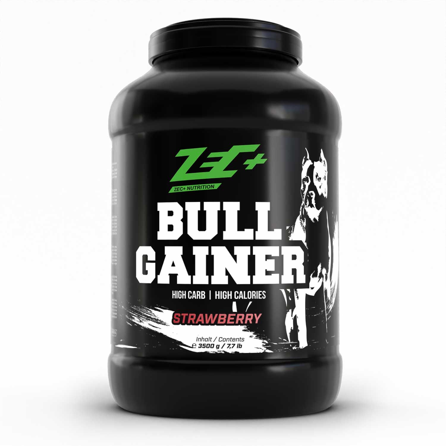 Schwarzer Behälter mit ZEC+ BULL GAINER Erdbeer-Protein. Logo und Produktbezeichnung deutlich sichtbar. Enthält 3500g.