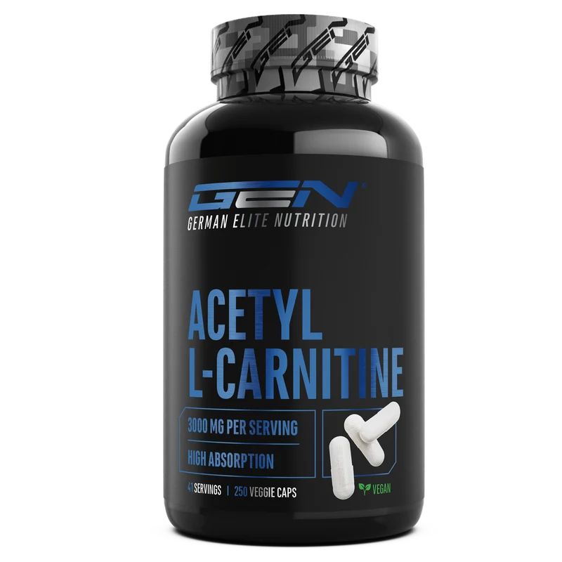 GEN Acetyl L-Carnitin Kapselbehälter mit 3000 mg pro Portion und hoher Absorption.