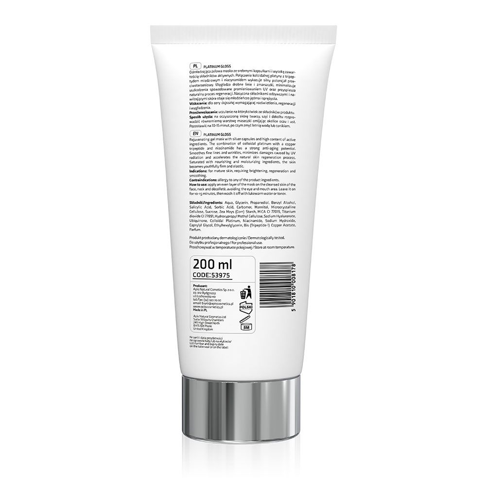 Rückseite der Tube APIS PLATINUM GLOSS. Text in mehreren Sprachen. Silberfarbener Verschluss. Inhalt 200 ml.