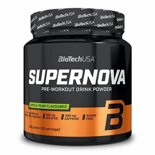 Schwarze Dose mit "SUPERNOVA"-Schriftzug. "BioTechUSA"-Logo. Orangefarbener Streifen mit Produktinformationen. "Apple-Pear Flavoured".