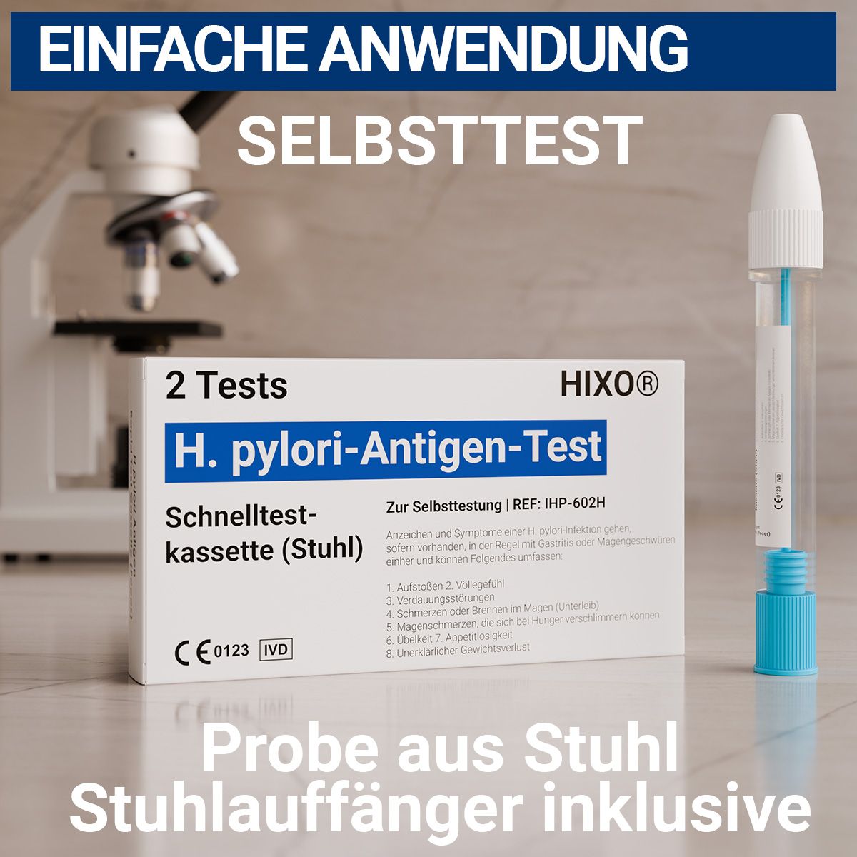 HIXO H. pylori-Antigen-Test. Zwei Testkassetten, zwei Probenröhrchen. Inklusive Stuhlauffänger. Box mit Produkt und Zubehör.