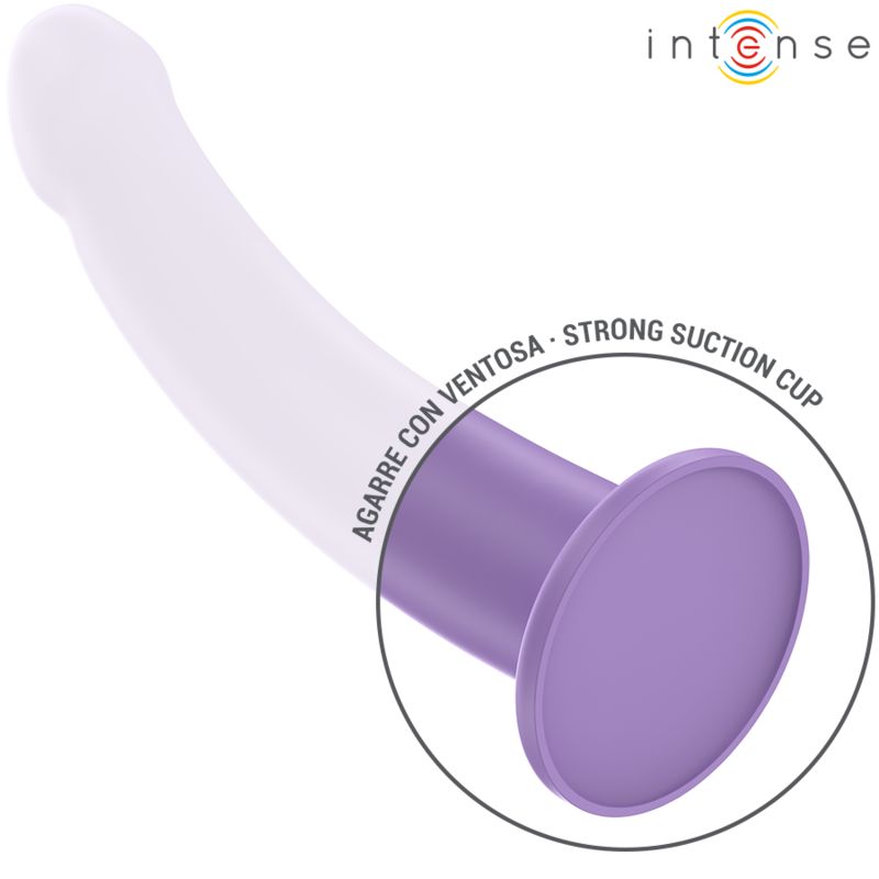 Lila Vibrator mit Saugnapf. Text: Starker Saugnapf.