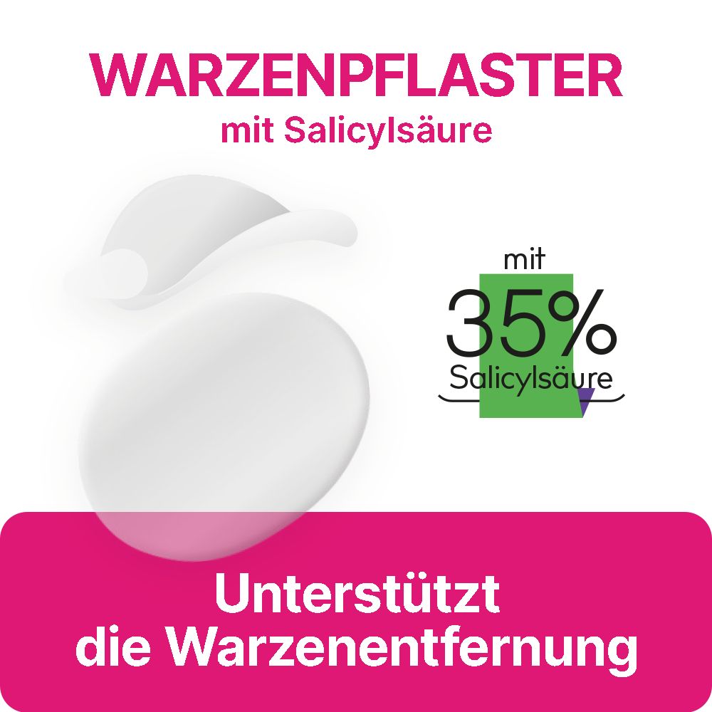 Warzenpflaster mit 35% Salicylsäure. Unterstützt die Warzenentfernung. Zwei Warzenpflaster sind abgebildet.