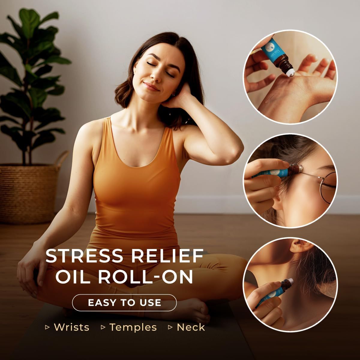Frau sitzt und verwendet Roll-on. Text: Stress Relief Oil Roll-On. Einfache Anwendung: Handgelenke, Schläfen, Nacken. Drei Kreise zeigen Anwendungspunkte.