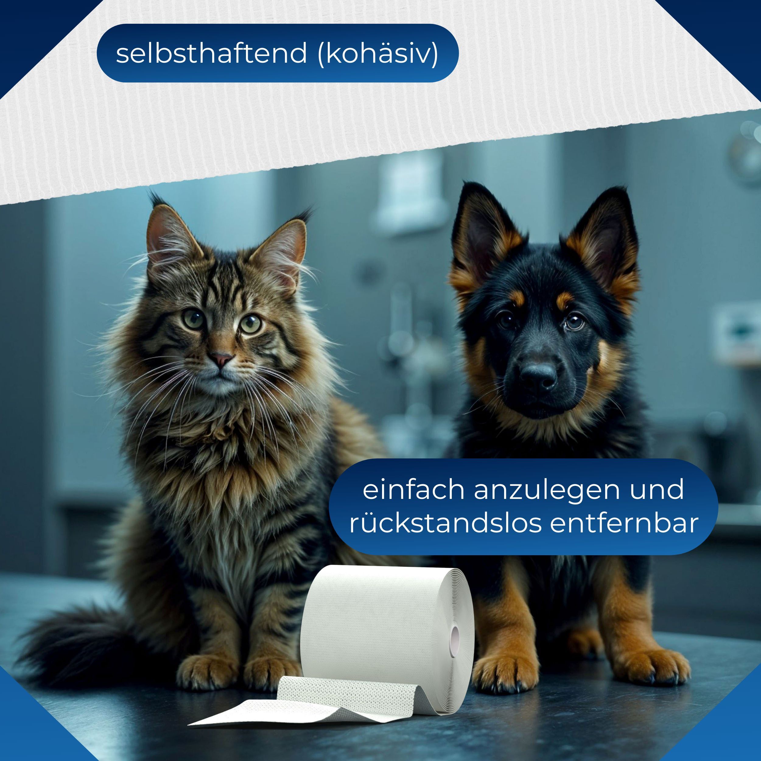 Fixierbinde, weiß, gerollt. Katze und Hund sitzen daneben. Text: selbsthaftend (kohäsiv), einfach anzulegen und rückstandslos entfernbar.