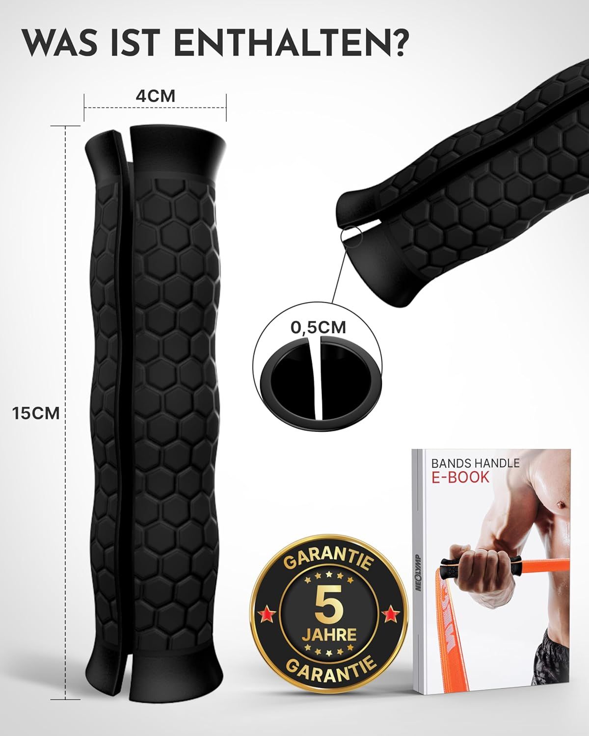 Schwarzer Griff für Fitnessbänder. Maße: 15 cm lang, 4 cm breit. Mit 5 Jahre Garantie-Logo und E-Book.