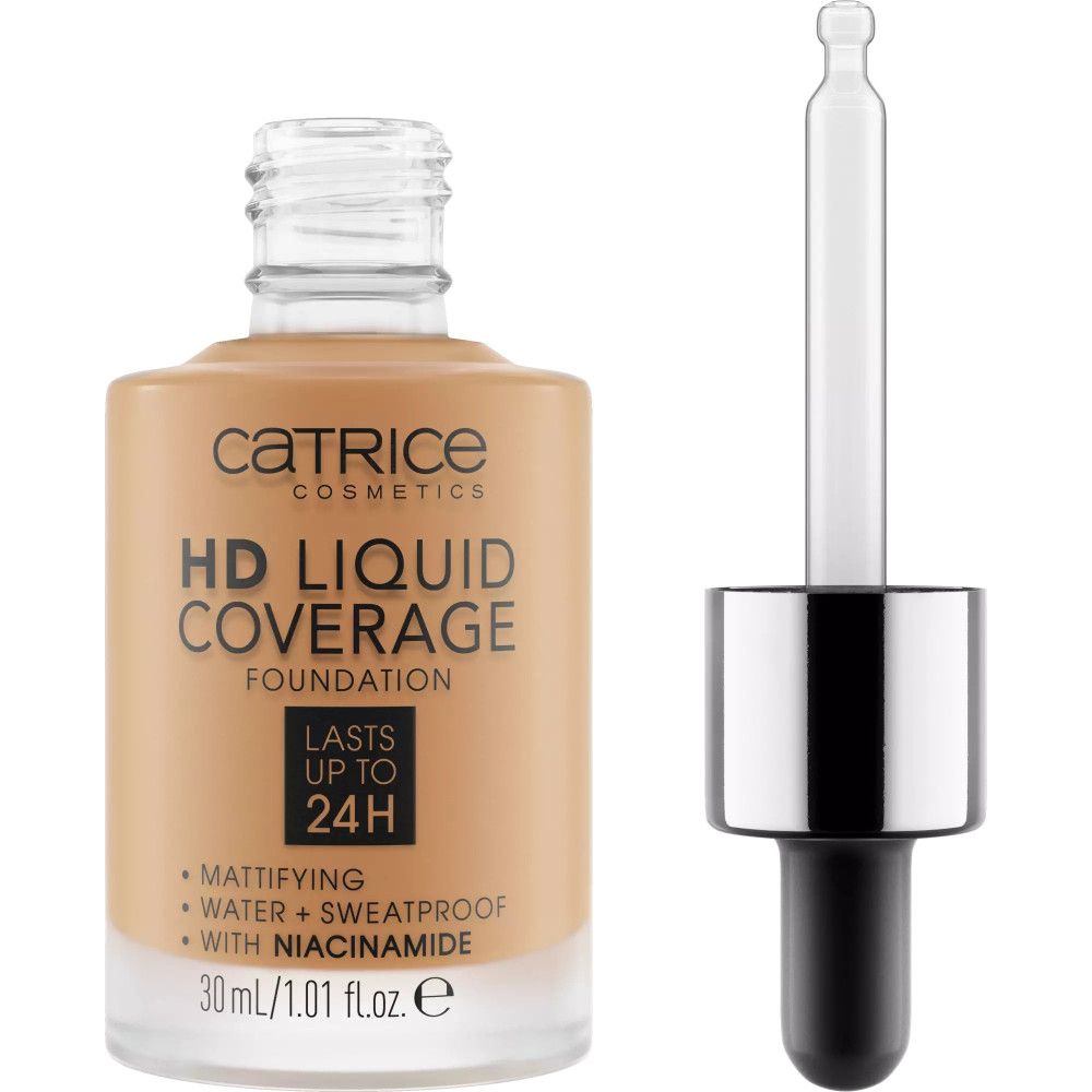 Catrice HD Liquid Coverage Foundation, Flasche und Pipette getrennt. Enthält 30 ml. Text: Mattierend, wasserfest, schweißfest, mit Niacinamid.