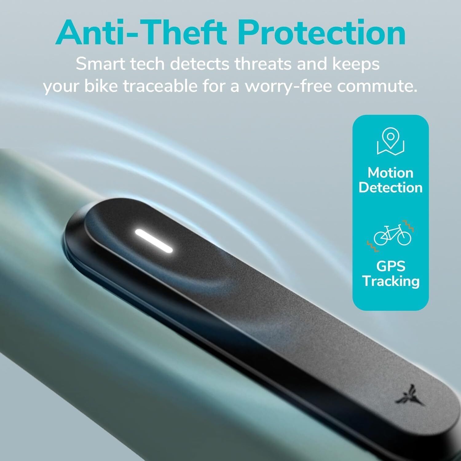 Nahaufnahme eines schwarzen Teils des E-Bikes mit Text: Anti-Theft Protection. Symbole für Bewegungserkennung und GPS-Tracking.