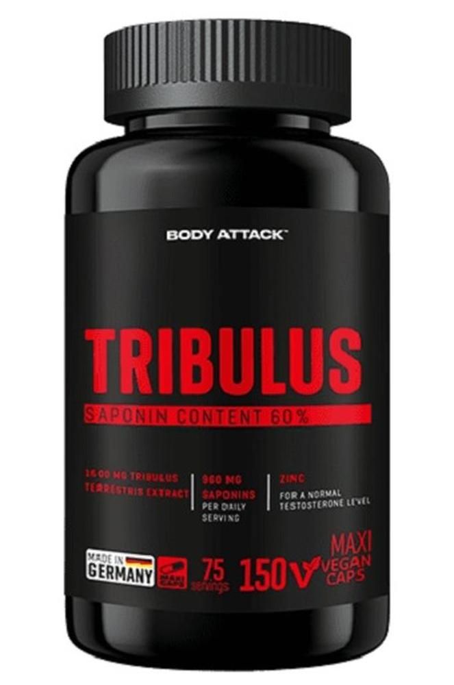 Schwarze Flasche mit roter Aufschrift. Enthält Tribulus, Saponin Content 60%, 150 vegane Kapseln. Hergestellt in Deutschland.