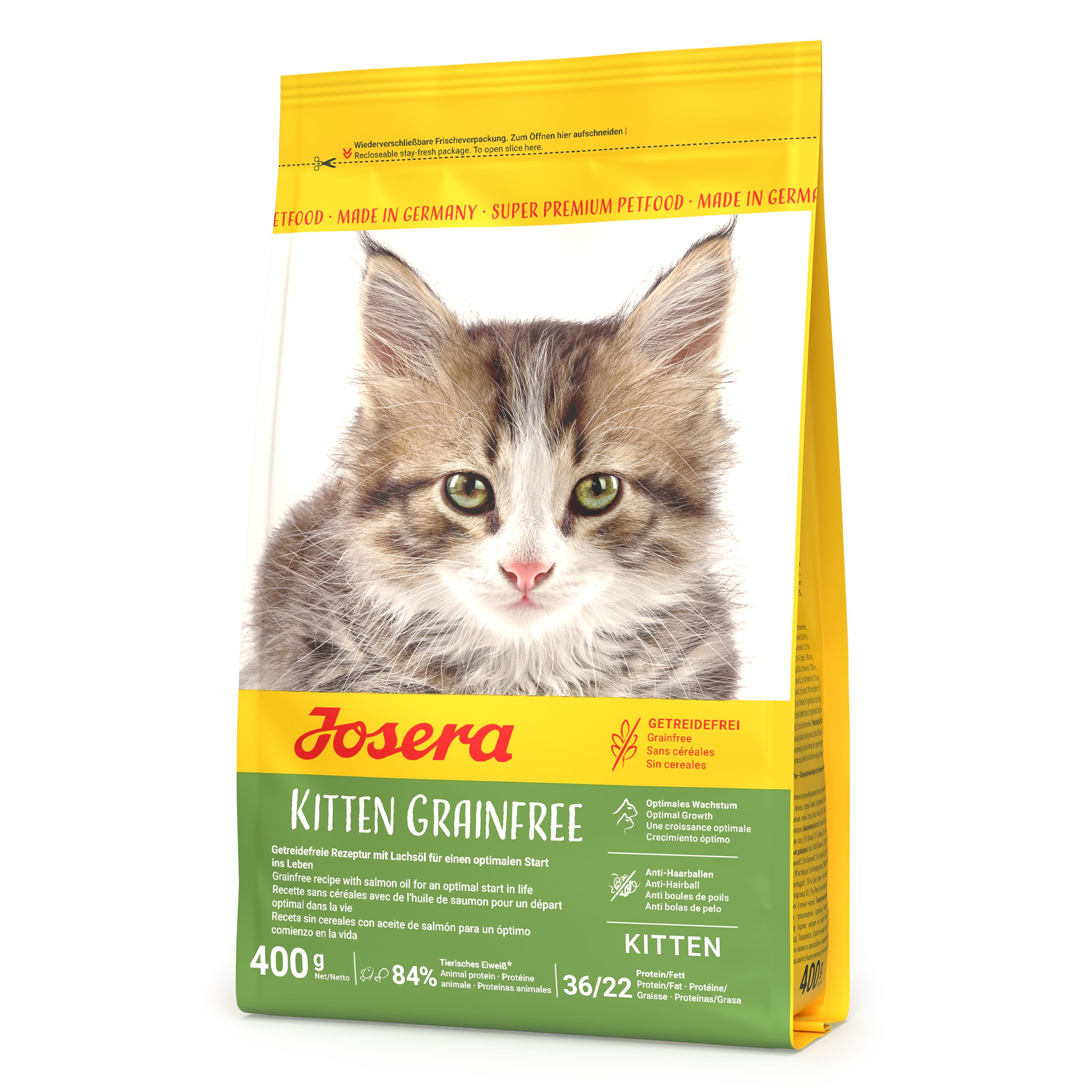 Josera Kitten Grainfree Katzenfutter-Packung mit Kätzchen-Abbildung, 400g.