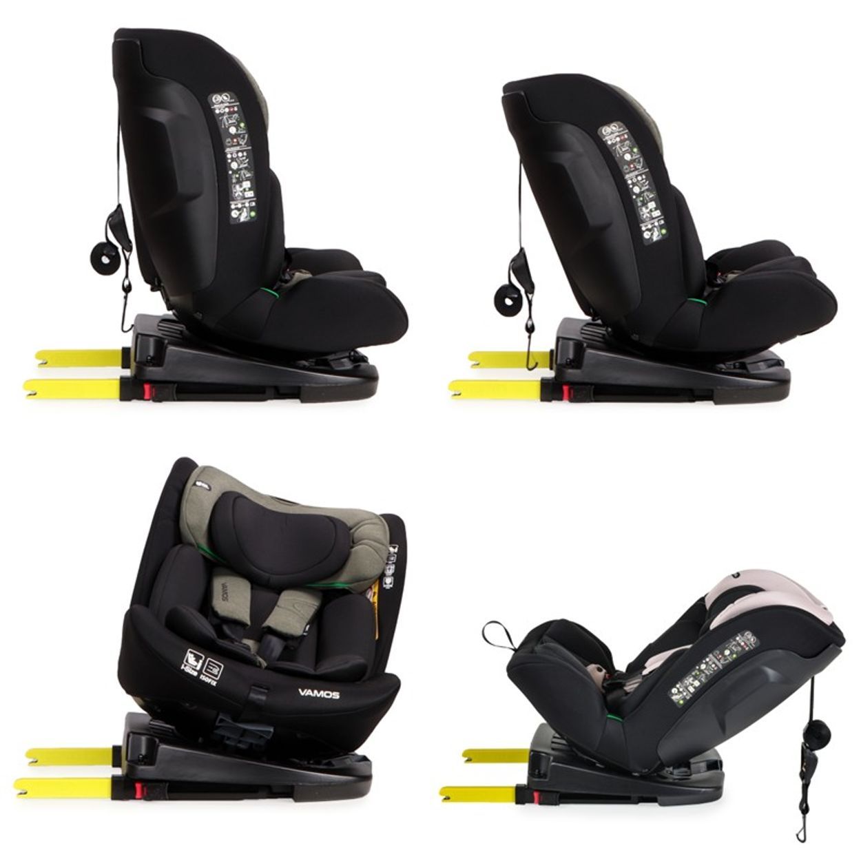 Schwarzer Kindersitz mit grauen Polstern, 5-Punkt-Gurt und Isofix-Basis, Vorderansicht.