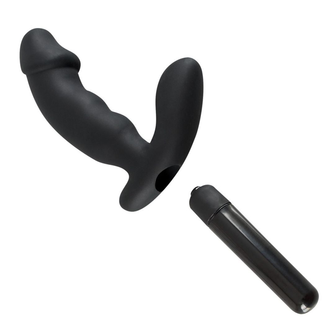 Schwarzer Vibrator in Penisform und separater, zylindrischer Vibrator. Beide sind schwarz.