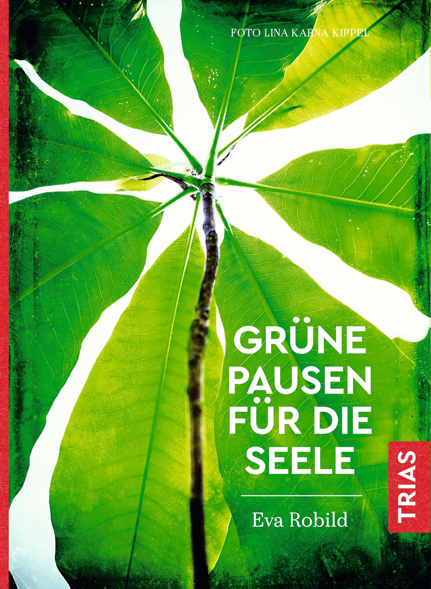 Buchcover mit grünen Blättern und dem Titel "Grüne Pausen für die Seele". Autor: Eva Robild. Verlag: TRIAS.