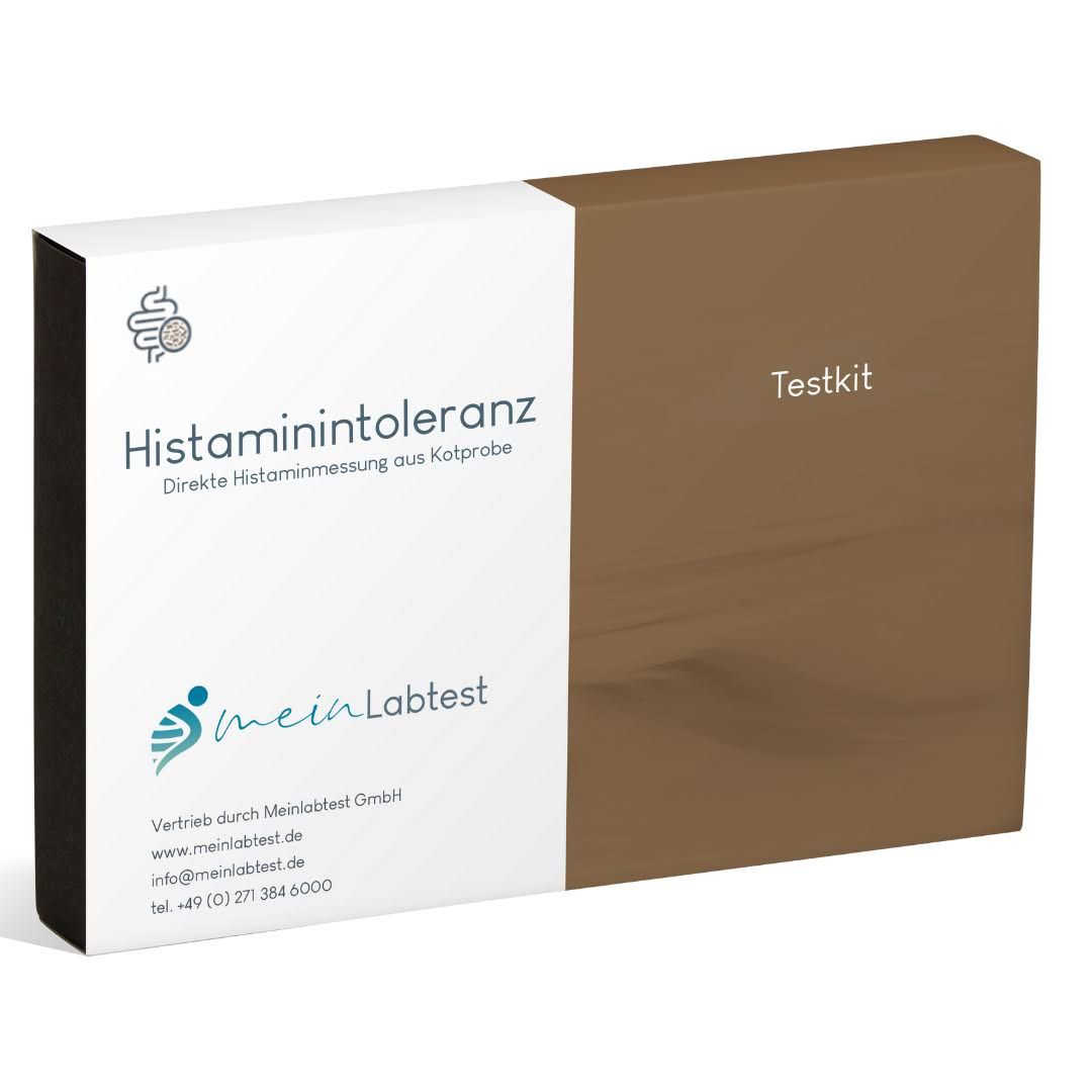 Weiß-braune Box. Aufschrift: Histaminintoleranz, Testkit. Logo: meinLabtest. Text: Direkte Histaminmessung aus Kotprobe.