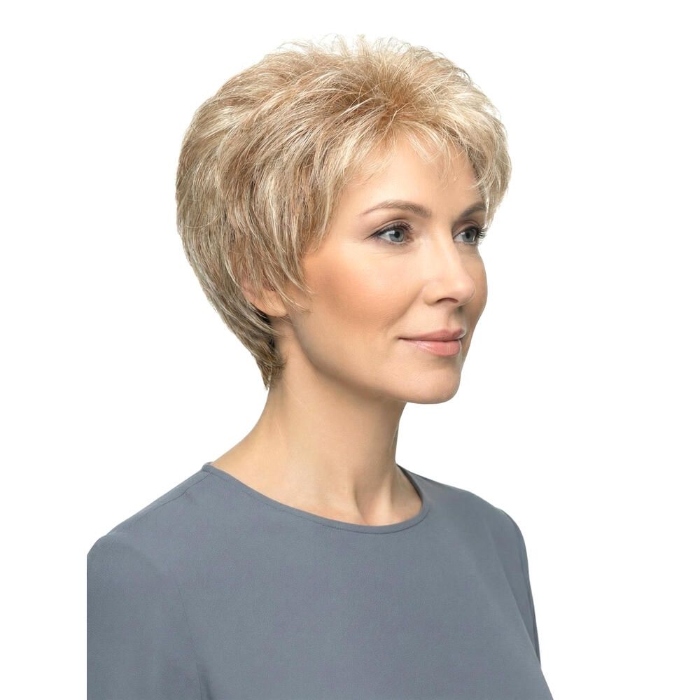 Kurzhaarperücke in Blondtönen. Seitliche Ansicht.
