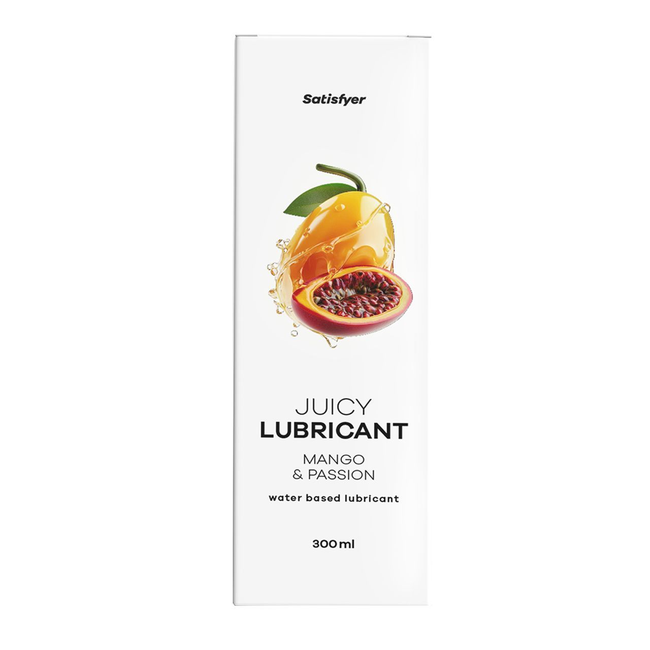 Weißes Produkt mit Logo "Satisfyer". Abbildung von Mango und Passionsfrucht. Text: "JUICY LUBRICANT Mango & Passion". 300ml.