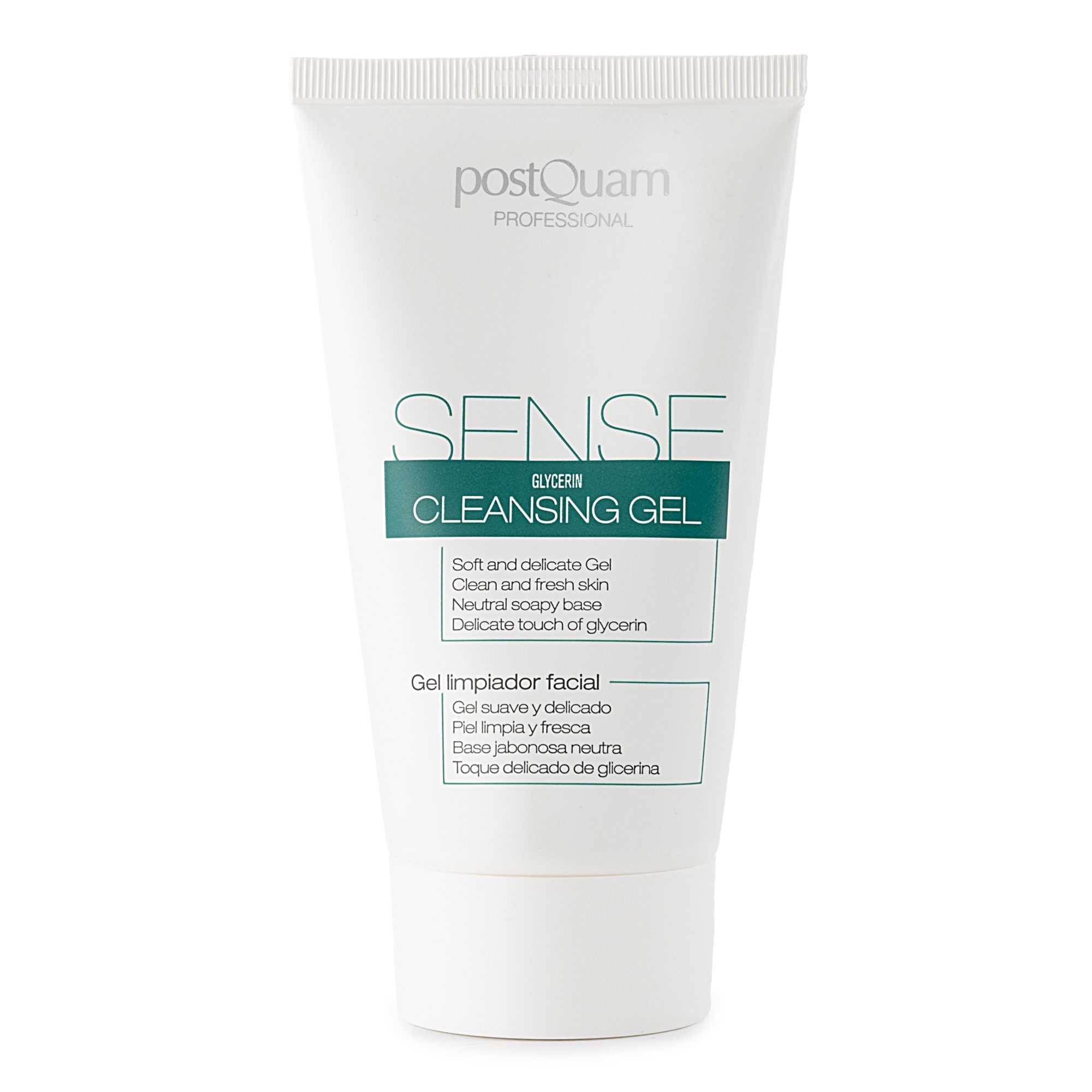 Weiße Tube mit grünem Etikett. Aufschrift: PostQuam, Sense Cleansing Gel. Text in Englisch und Spanisch.