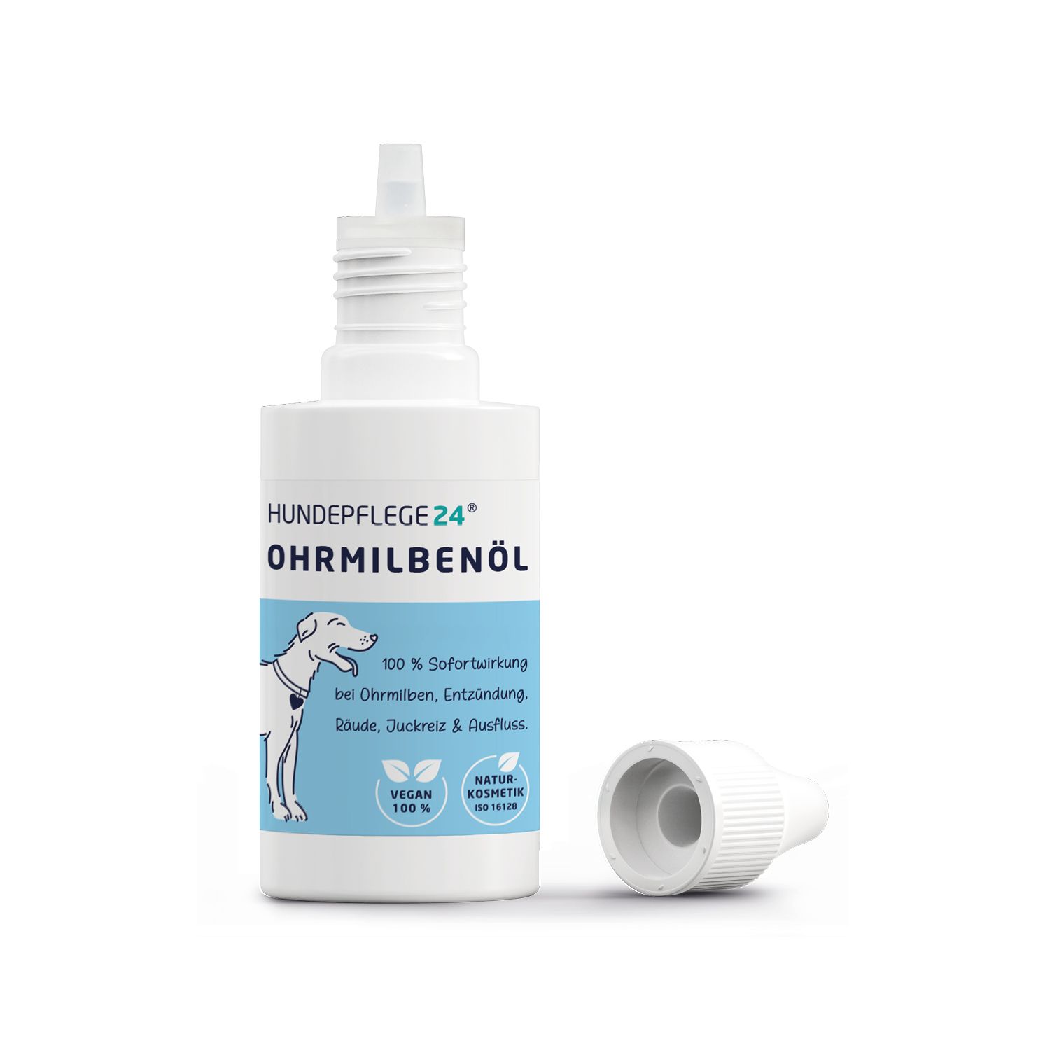 Weiße Flasche mit Ohrmilbenöl, Schraubverschluss daneben. Aufschrift: Hundepflege24 Ohrmilbenöl. Vegan und Natur Kosmetik.