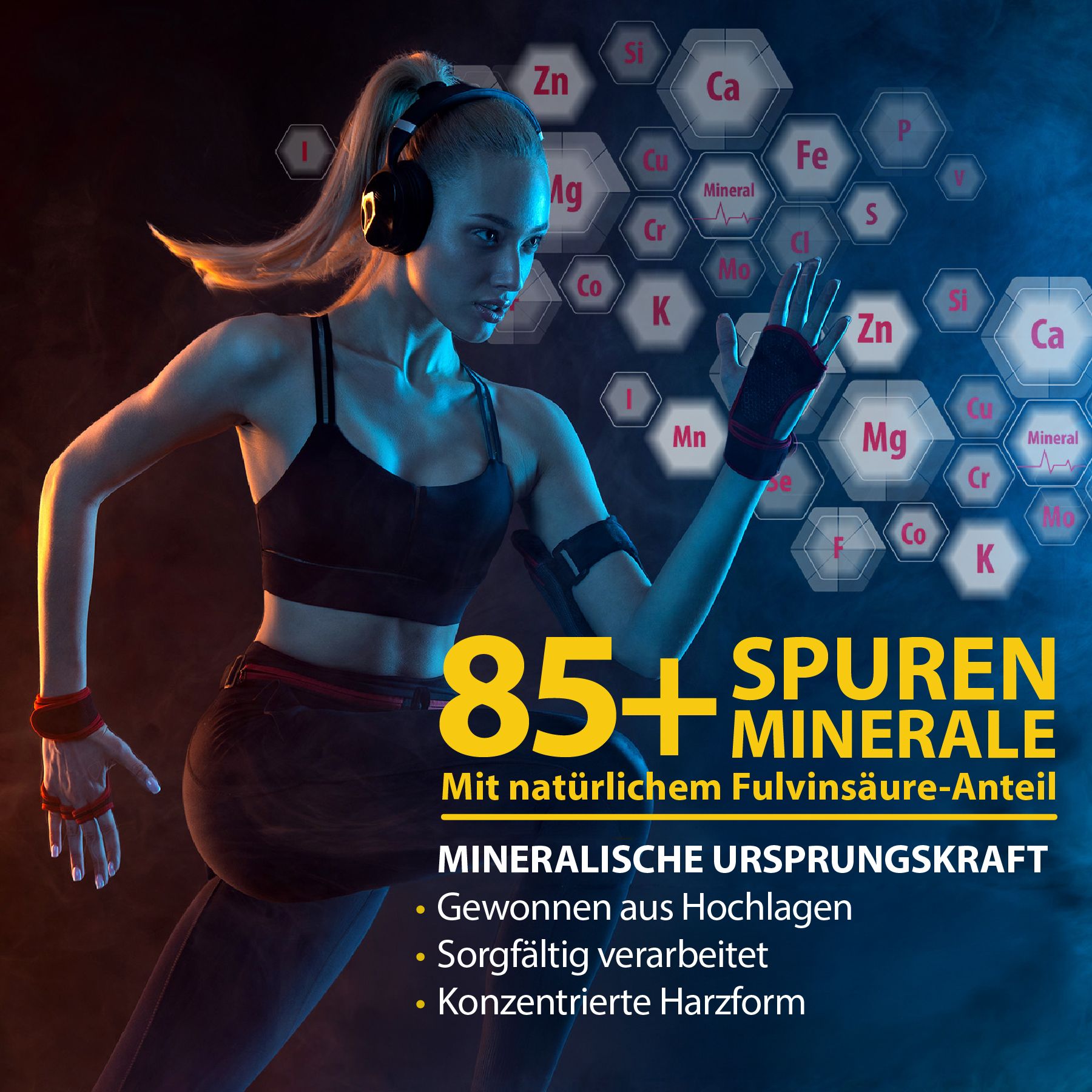 Sportliche Frau mit Kopfhörern. Hintergrund mit Mineralien-Grafik. Text: 85+ Spuren Mineralien. Mit natürlichem Fulvinsäure-Anteil.