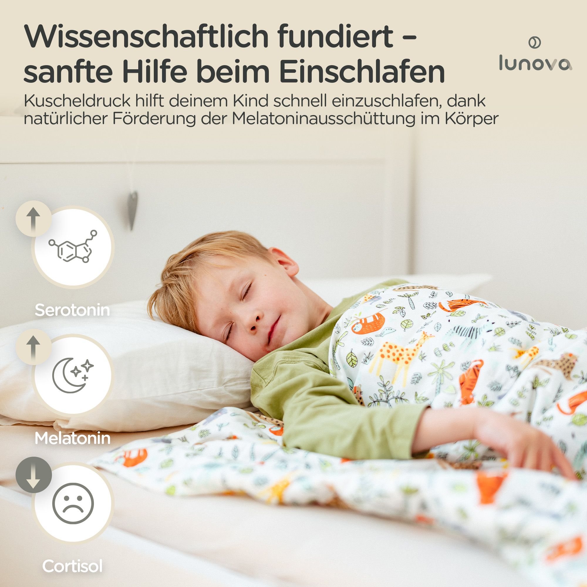 Kind schläft auf dem Bett. Decke mit Tiermuster. Serotonin, Melatonin und Cortisol-Symbole. Lunova-Logo.