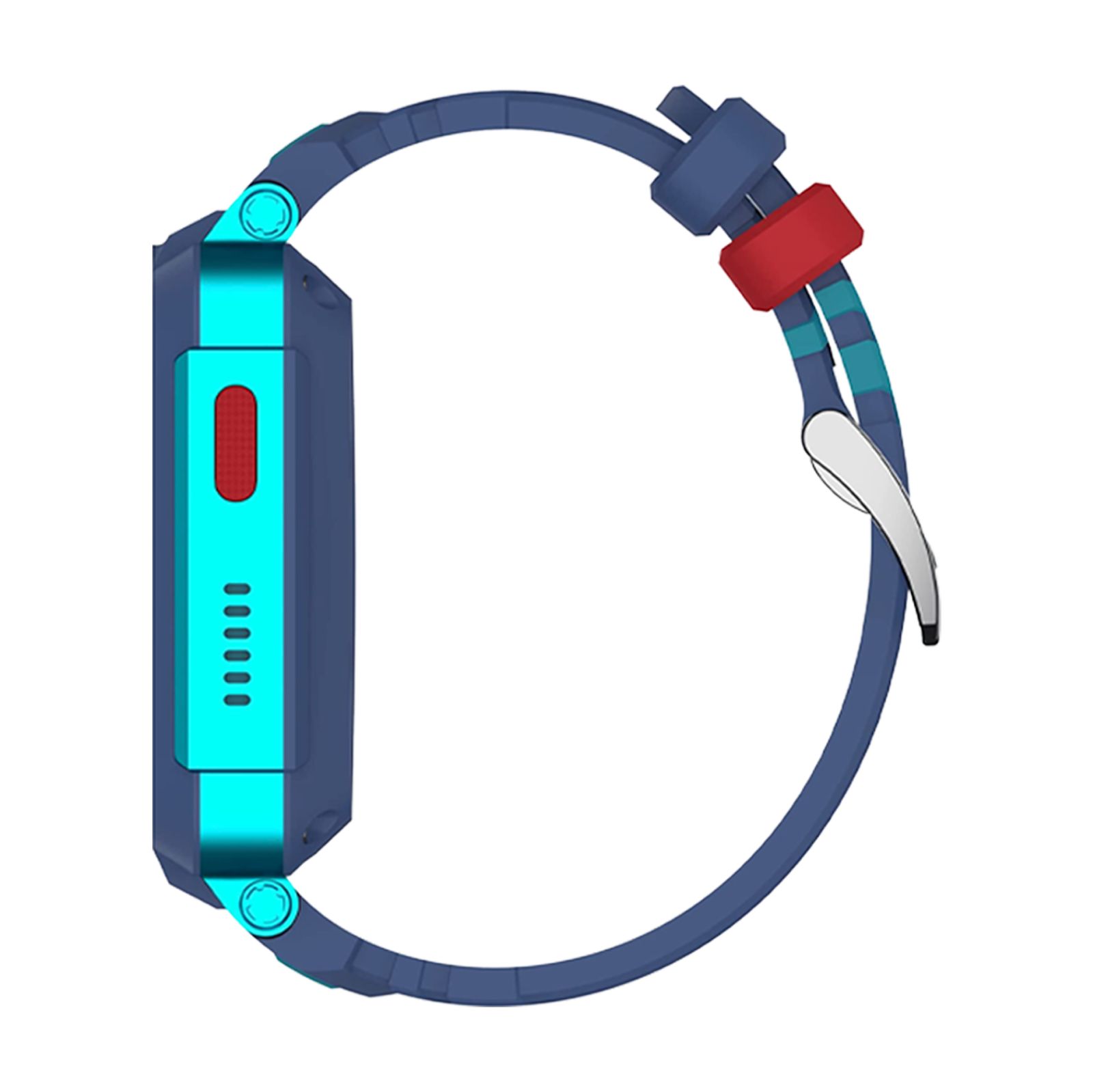 Seitenansicht der Smartwatch. Blaues Gehäuse mit roten Knöpfen. Blaues Armband mit silberner Schnalle.