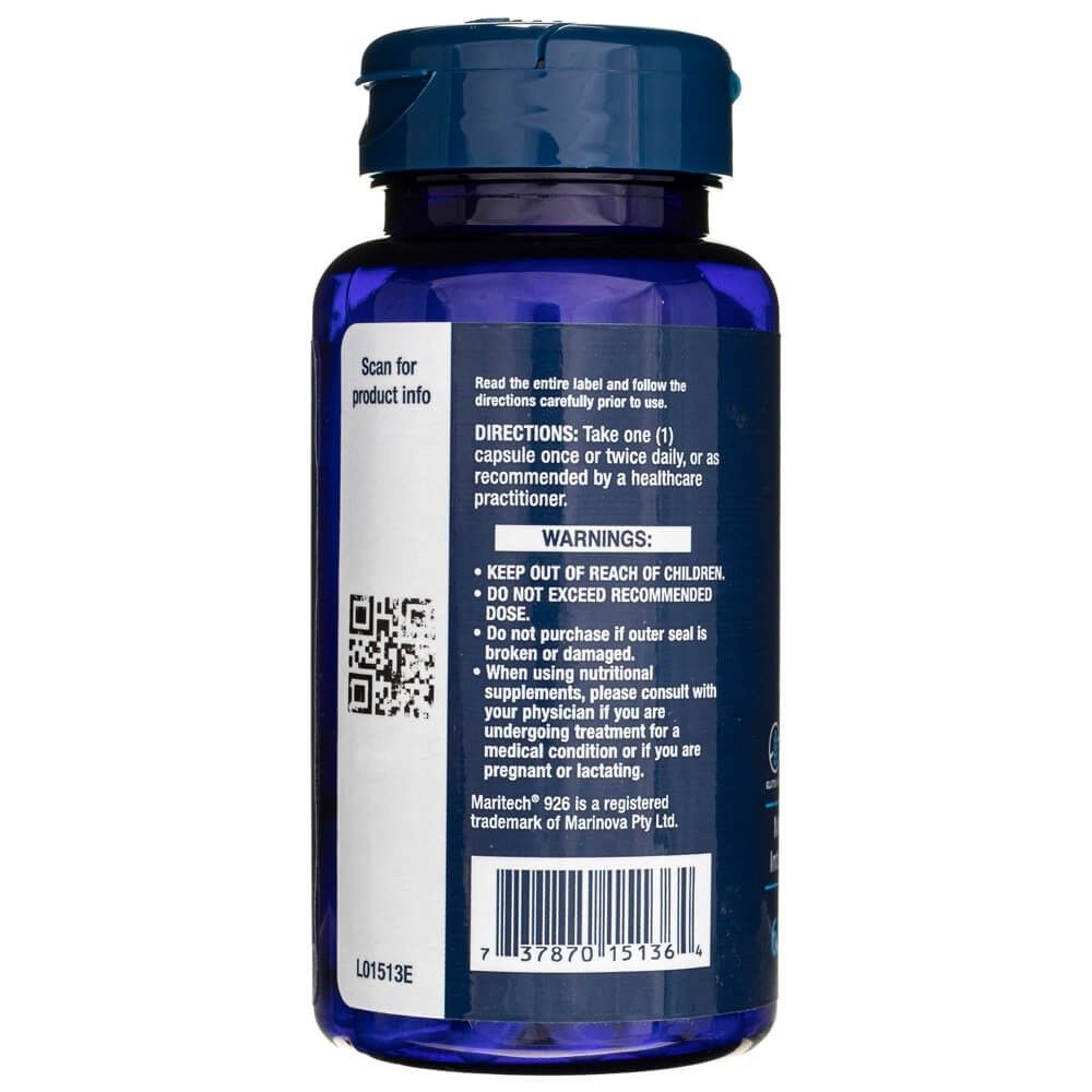 Rückseite des blauen Behälters mit Life Extension Optimized Fucoidan. Enthält Anweisungen, Warnungen und Barcode.