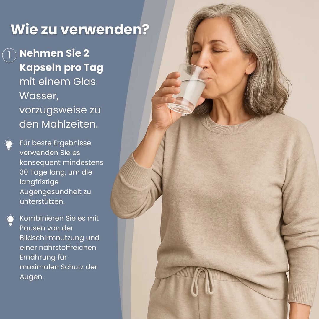 Frau trinkt Wasser, daneben Text. Text: Wie zu verwenden? 2 Kapseln pro Tag. Mindestens 30 Tage.