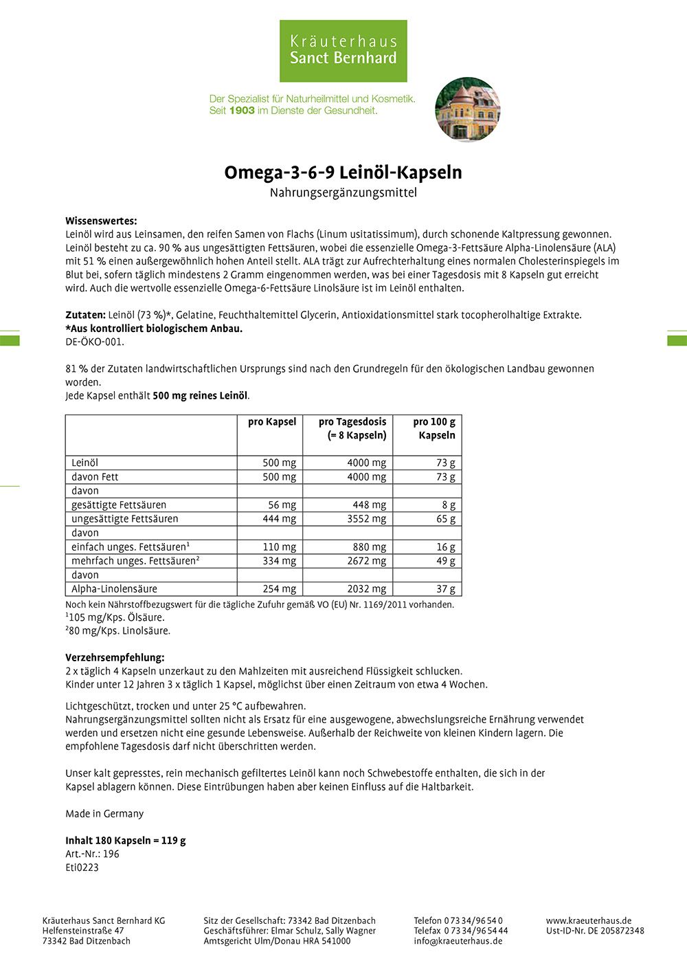 Sanct Bernhard Omega-3-6-9 Leinöl-Kapseln 2x180 St Kapseln