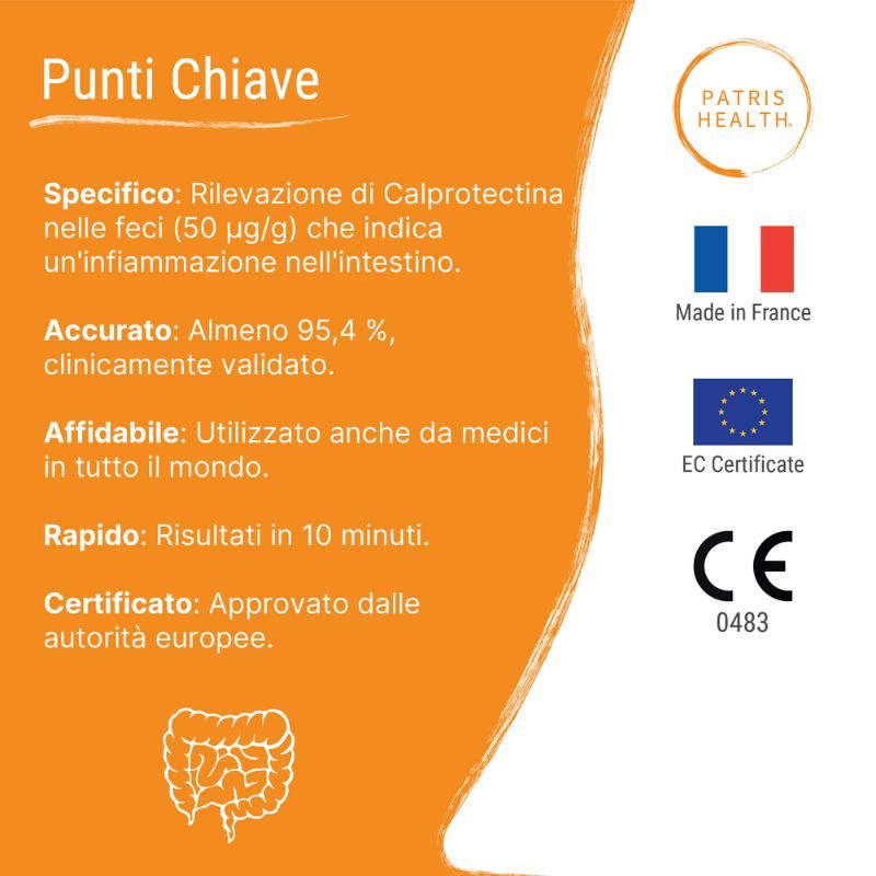 Punti Chiave: Informazioni sul test Patris Health® Calprotectina fecale. Certificato, Made in France, CE.