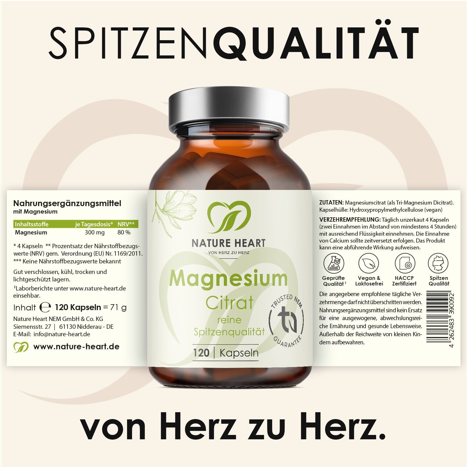 Braune Glasflasche mit Kapseln. Aufschrift: Magnesium Citrat, reine Spitzenqualität, 120 Kapseln. Logo: Nature Heart. Text: Nahrungsergänzungsmittel mit Magnesium.
