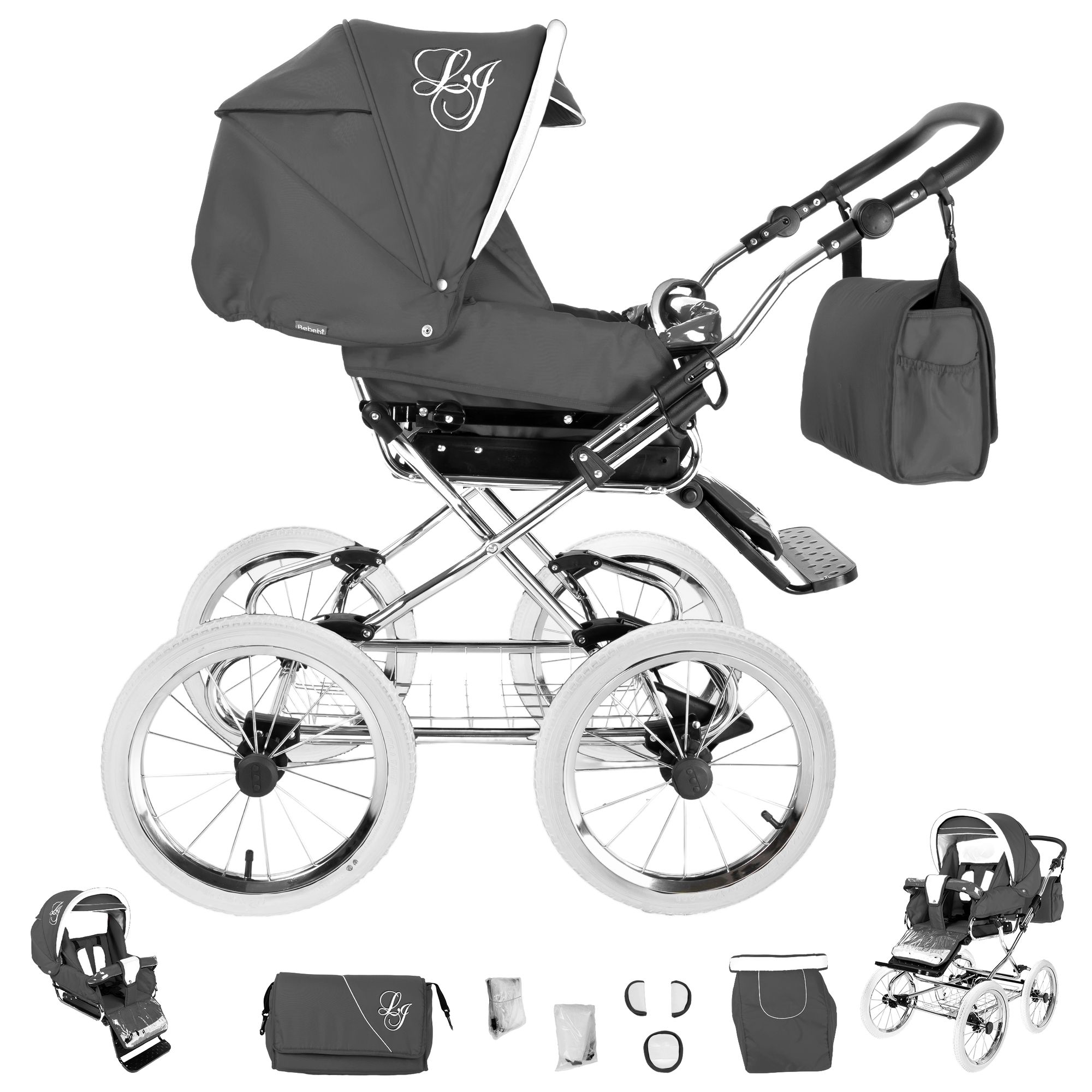 Bebebi Loving 3 in 1 Kinderwagen Set Nostalgie Kinderwagen, Grey Tender