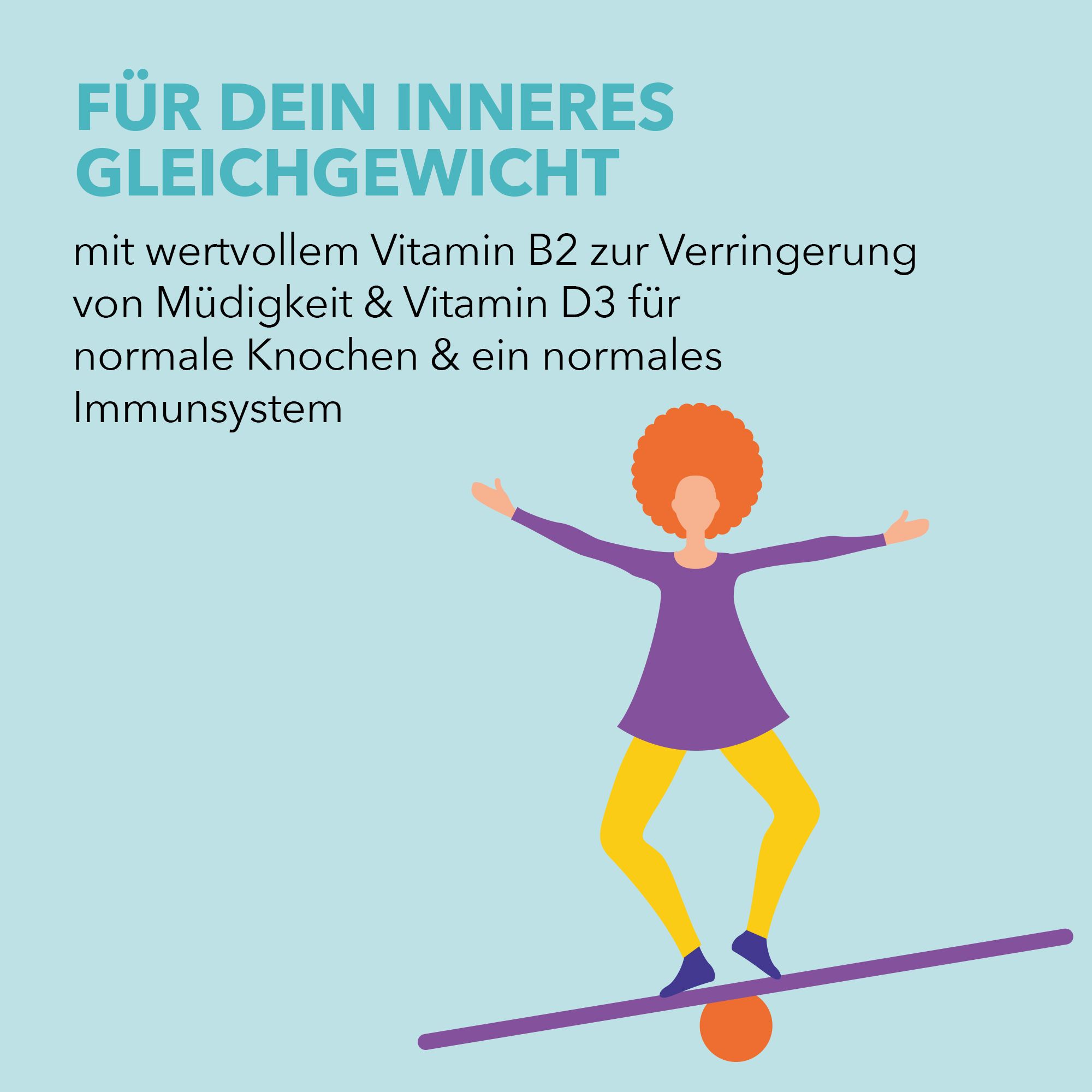 Illustration einer Frau auf einer Wippe. Text über Vitamin B2 und D3 für das innere Gleichgewicht.