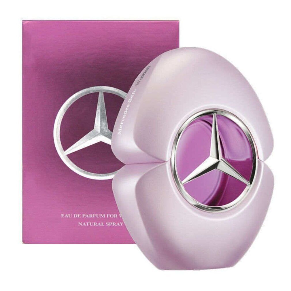 Hellrosa Flakon mit silbernem Logo und rosa Verpackung. Aufschrift: Mercedes-Benz Women Eau de Parfum.