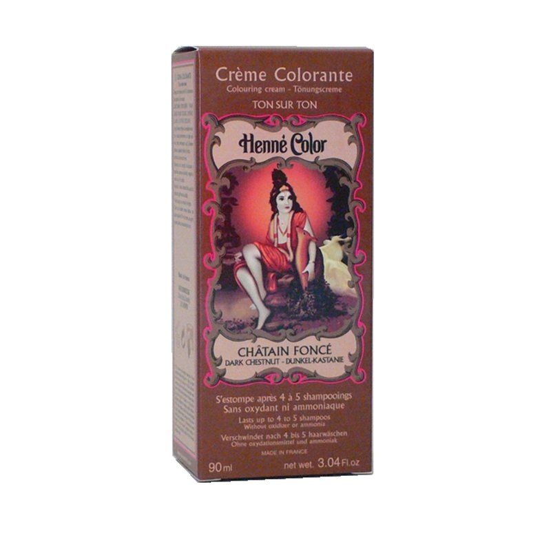 Haarfarben-Box. Aufschrift: Crème Colorante, Henne Color, Châtain Foncé. Enthält 90ml. Ohne Oxidationsmittel und Ammoniak.