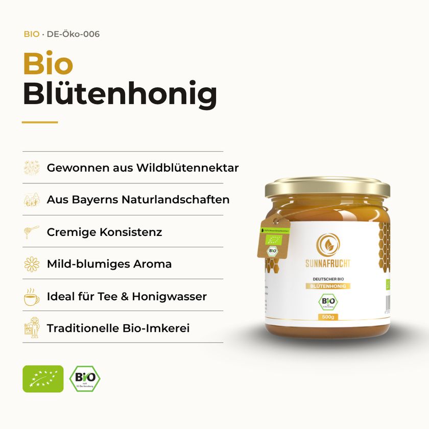 SUNNAFRUCHT® Bio Blütenhonig: aus Bayern, cremig, mild-blumig, traditionelle Bio-Imkerei.