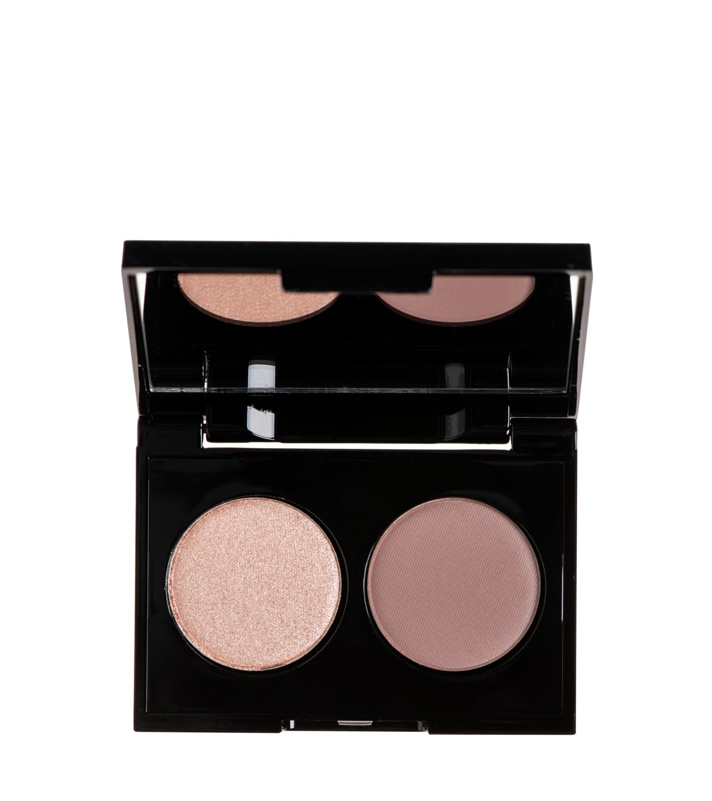 Schwarze Lidschatten-Palette mit zwei runden Pfannen. Eine Pfanne schimmert, die andere ist matt. Ein Spiegel ist im Deckel integriert.