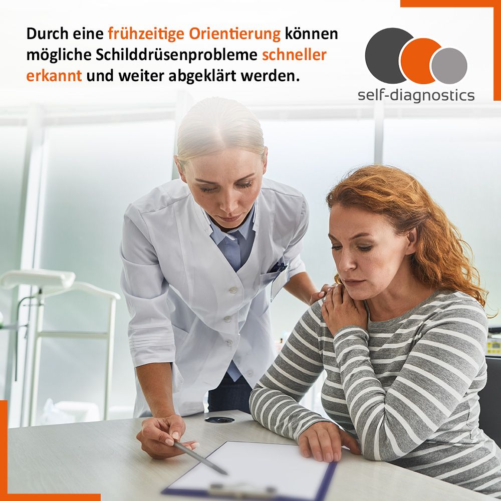 Ärztin und Patientin betrachten Dokument. Text: Durch eine frühzeitige Orientierung können mögliche Schilddrüsenprobleme schneller erkannt werden.